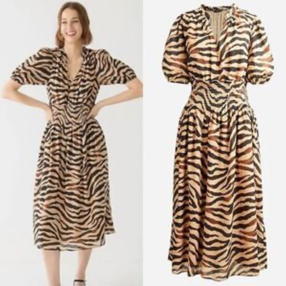 J. Crew Smocked-Waist Cotton Voile Dress in Zebra Stripe